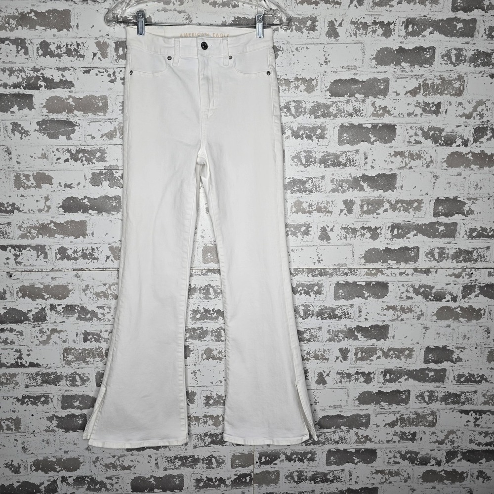 American Eagle Jeans Womens 2R White Super Hi-Rise Flare Leg Ankle Slits Summer